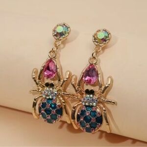 Gold and Pink Spider Earrings